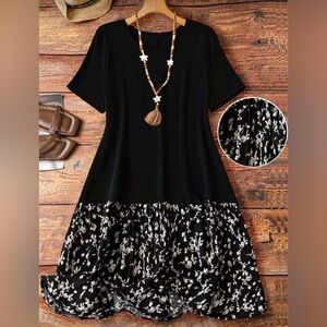 SHEIN Black Short Sleeve Dress with Monochrome Floral Hem